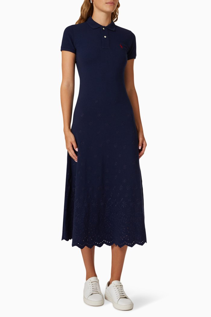 

Embroidered Logo Polo Dress in Jersey, Blue