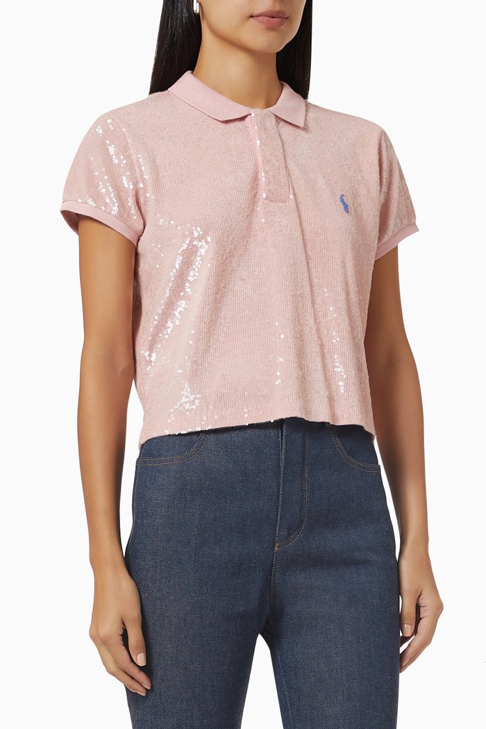 

Sequinned Crop Polo Shirt in Mesh, Pink