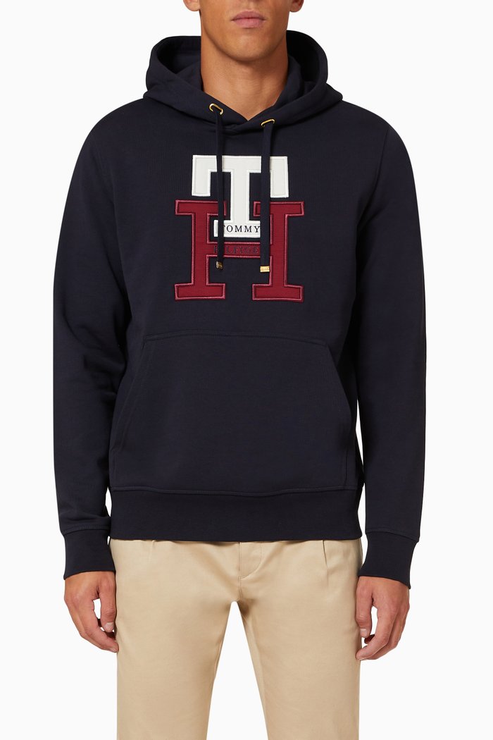 

TH Monogram Appliqué Hoodie in Cotton, Blue