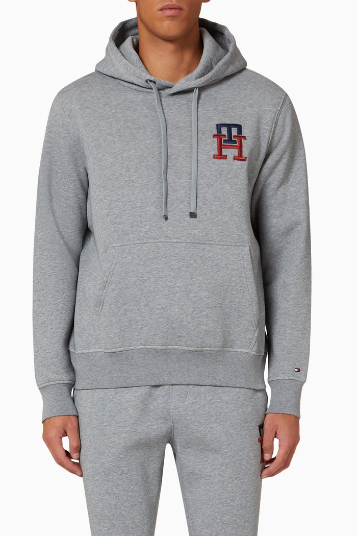 

TH Monogram Logo Hoodie in Cotton Fleece, Grey