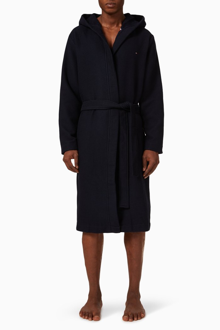 

Waffle Hooded Bathrobe in Cotton Blend, Blue