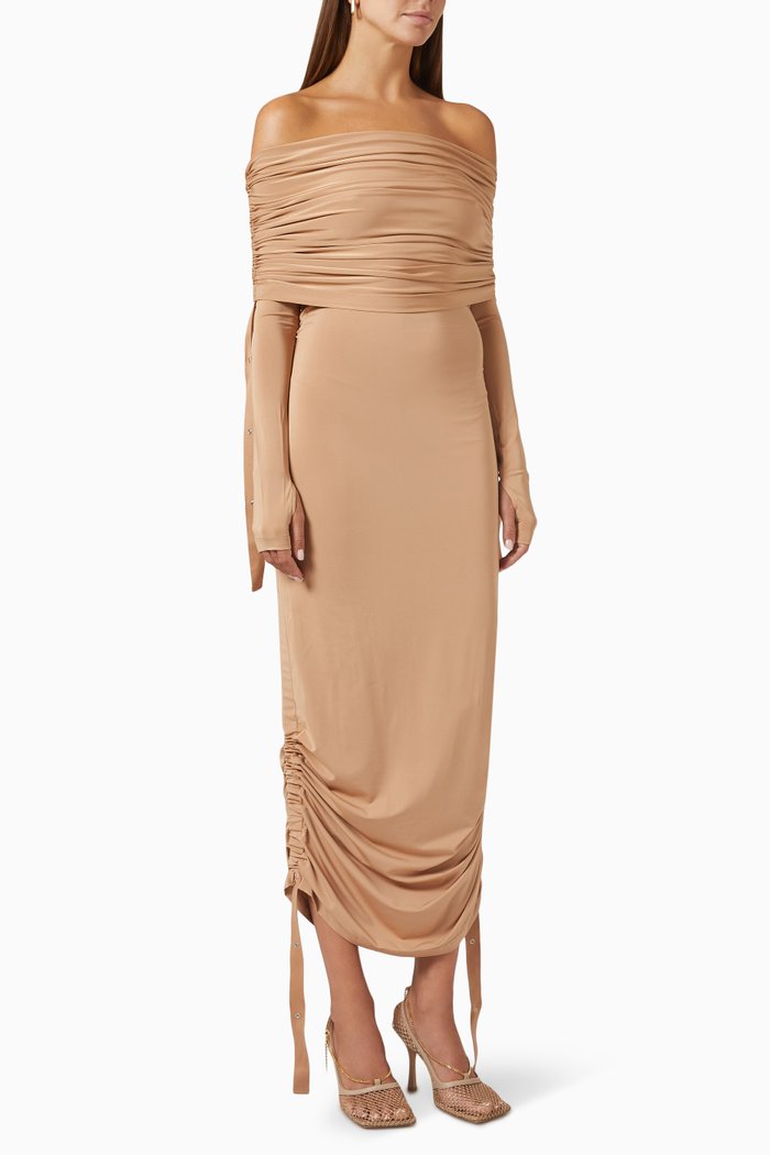 

Doric Gathered Hooded Dress in Jersey, Brown