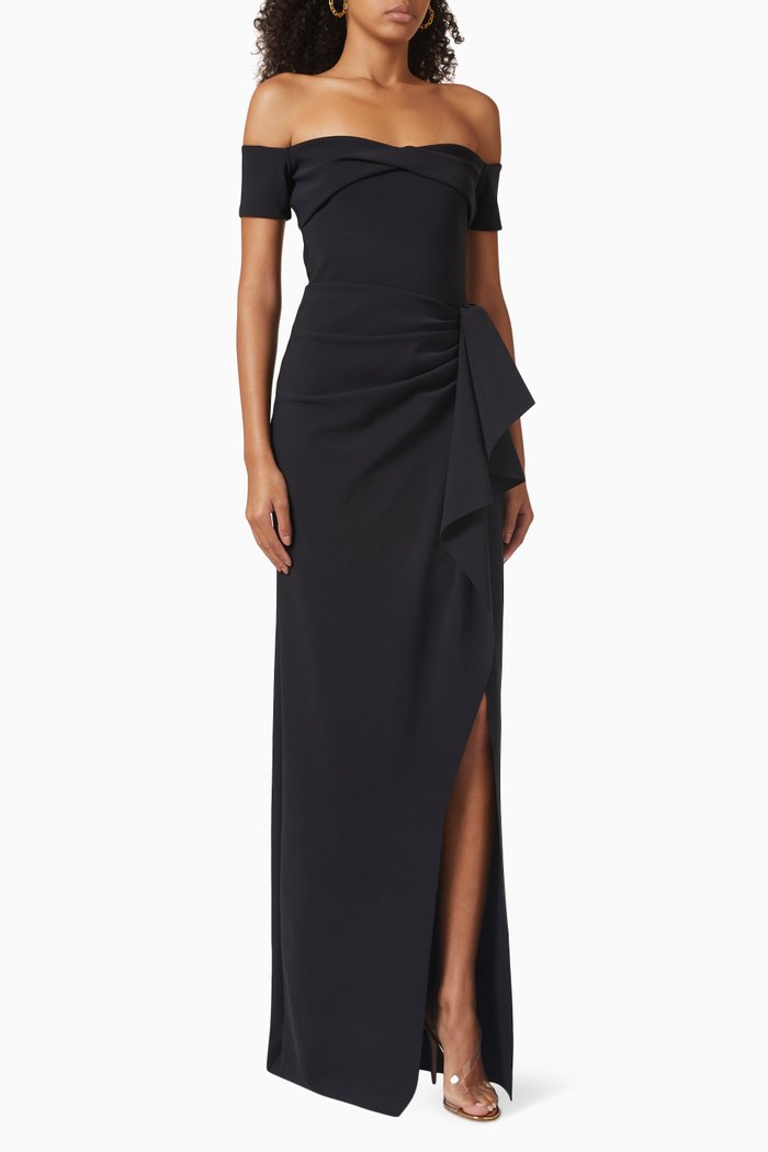 

Mirla Off-shoulder Draped Gown in Stretch-jersey, Black