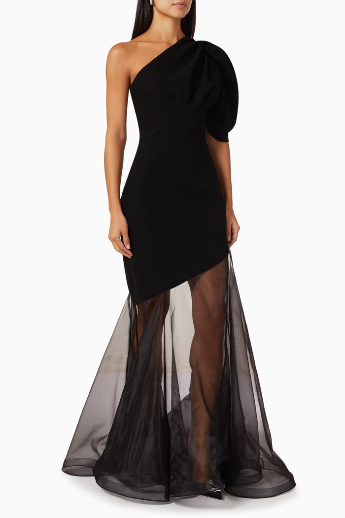 

Mono Shoulder Maxi Dress in Cady & Organza, Black