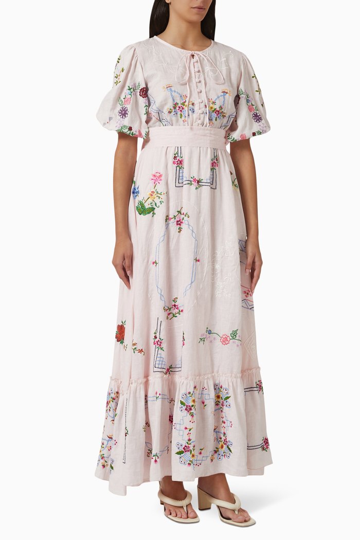 

Dream in Colour Embroidered Maxi Dress in Linen, Pink