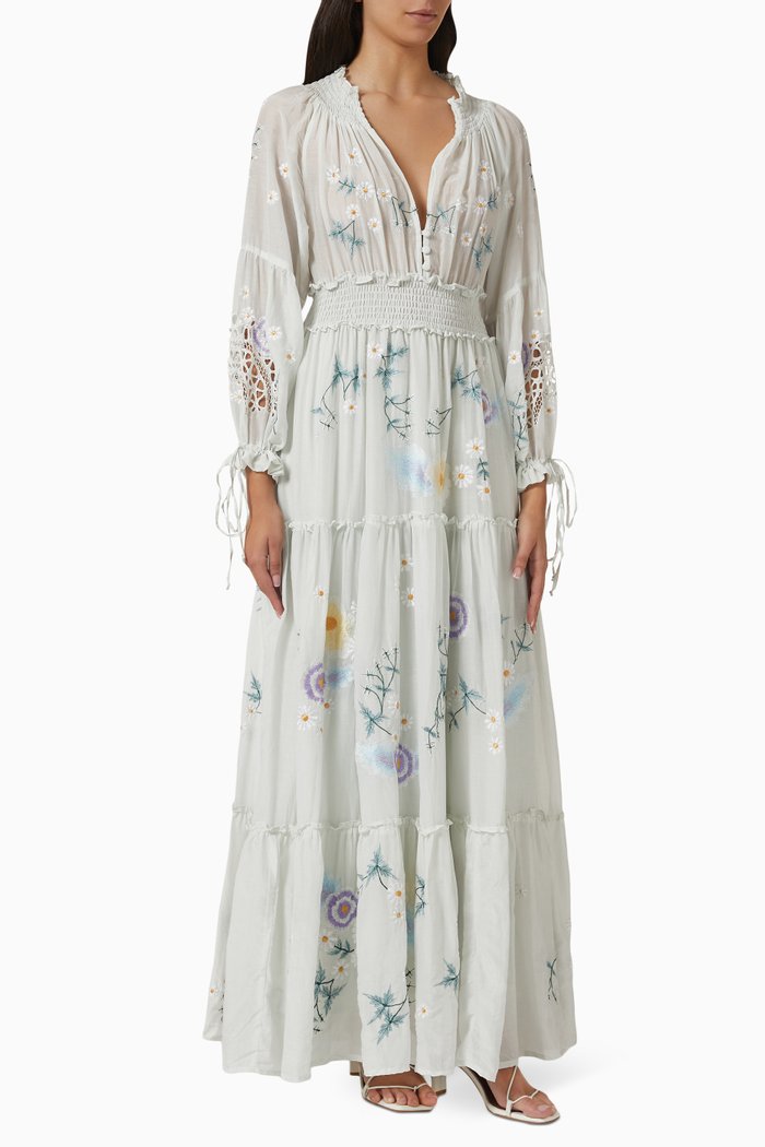 

Daisy Island Embroidered Maxi Dress in Silk-cotton, Blue