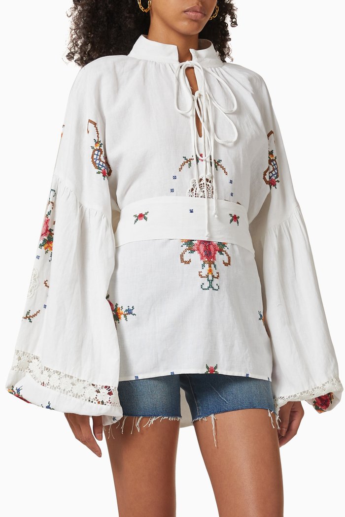 

Cover Me In Cross Stitch Blouse in Linen, Neutral