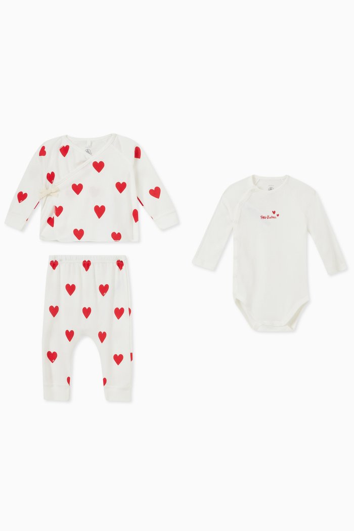 Heart Print Pyjamas in Cotton, Set of 3, White