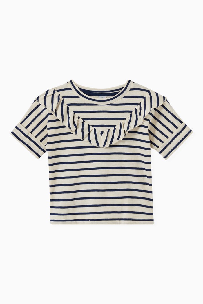 

Striped Ruffle T-shirt in Cotton, Blue