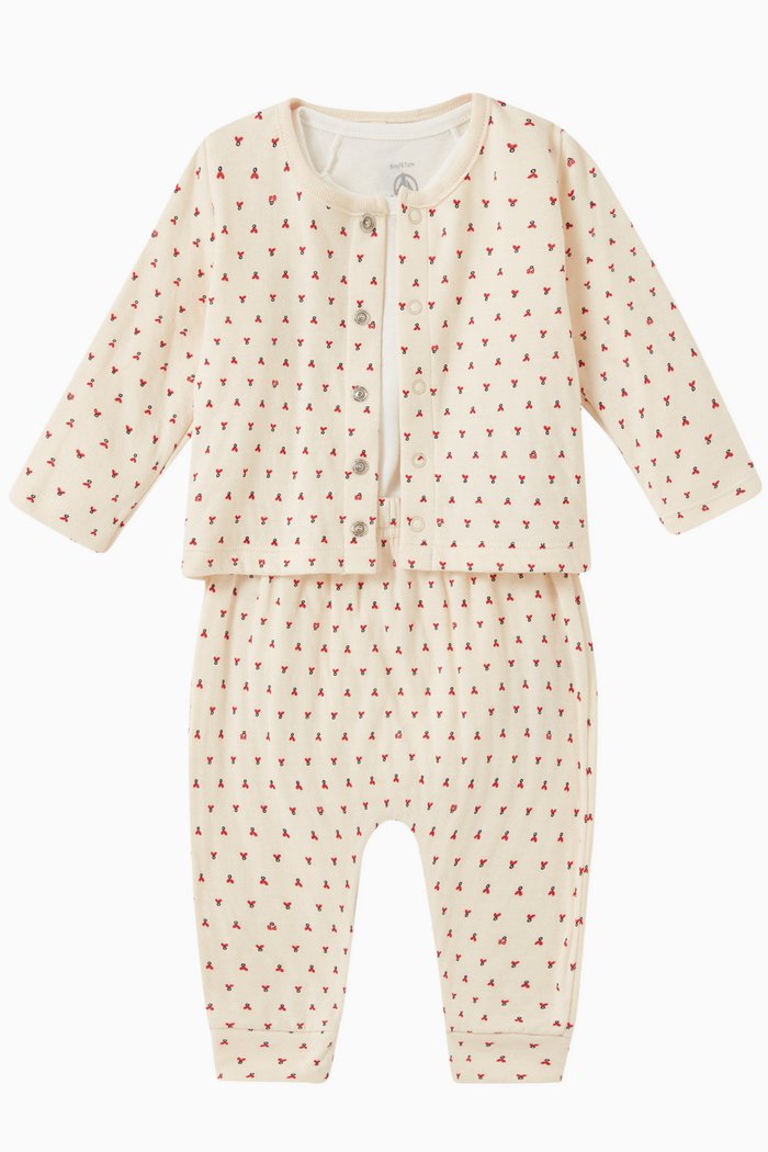 

Cherry Print Sleepsuit in Organic Cotton, Set of Three, Multicolour