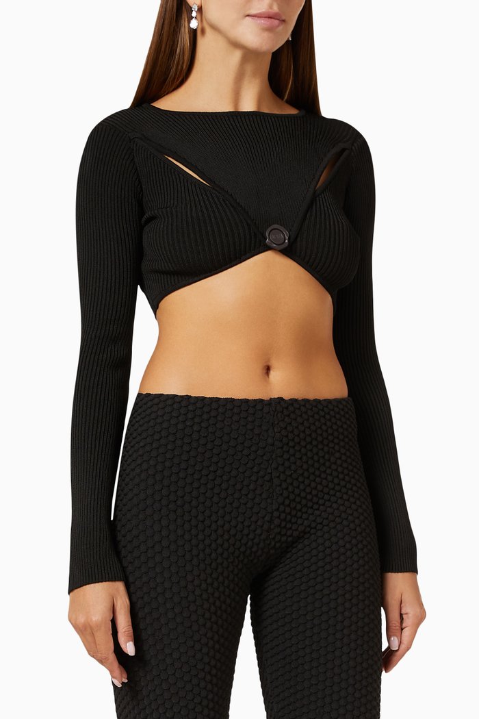 

Envelope Cut-out Crop Top in Rib-knit, Black