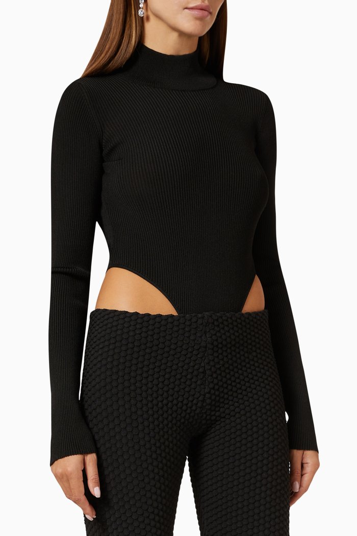 

Turtleneck Bodysuit in Rib-knit, Black