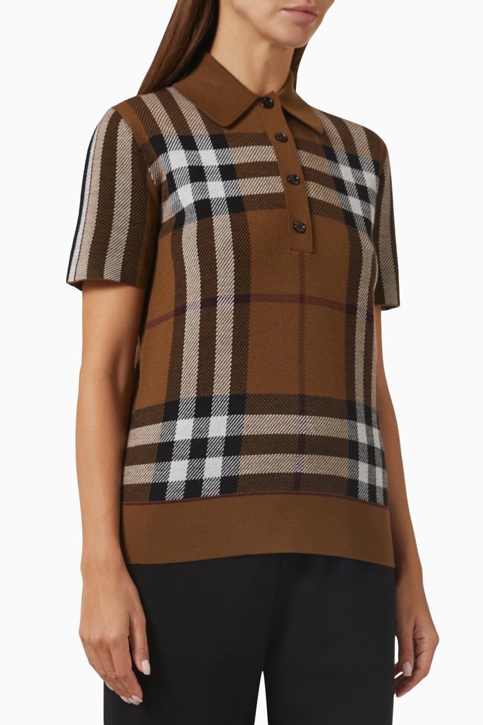 Frankie Check Polo Shirt in Merino Wool, Brown
