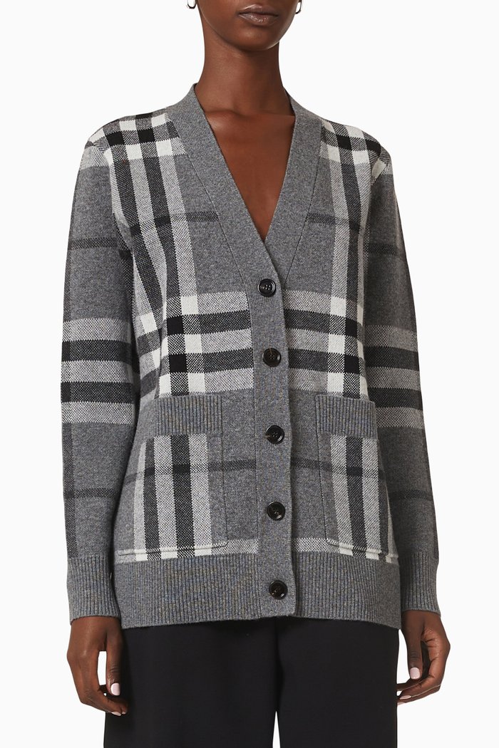 

Check Oversized Cardigan in Wool Cashmere, Grey