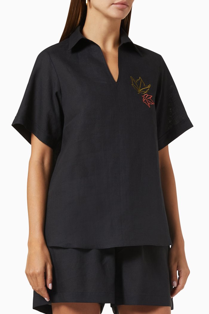 

Anchie Embroidered V-neck Collar Top in Linen, Black