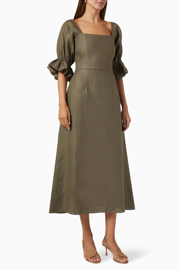 

Olivia Puffed-sleeves Midi Dress in Linen, Green