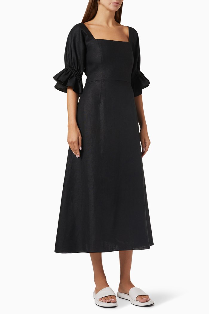

Olivia Puffed-sleeves Midi Dress in Linen, Black