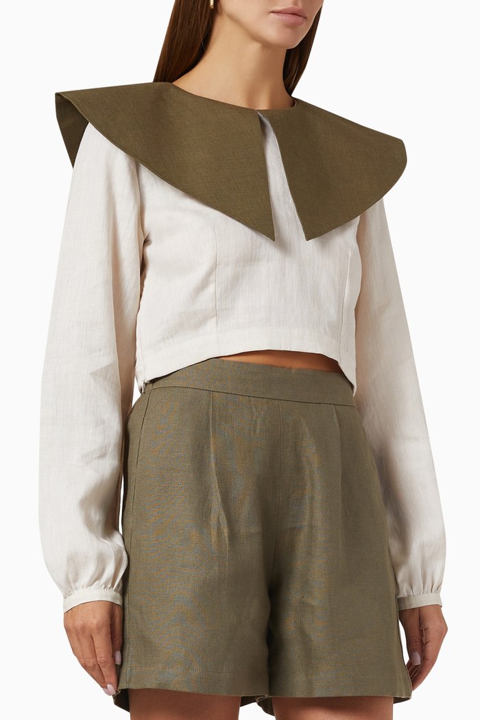 

Audrey Exaggerated-collar Crop Top in Linen, Neutral