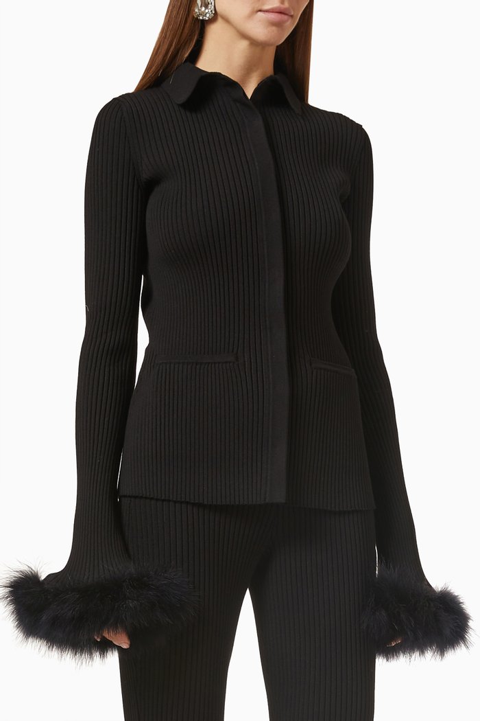 

Feather-trimmed Cuff Top in Stretch Rib-knit, Black