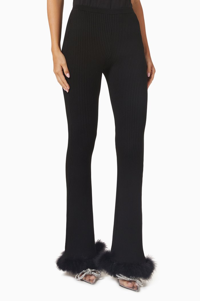

Feather-trimmed Pants in Stretch Rib Knit, Black