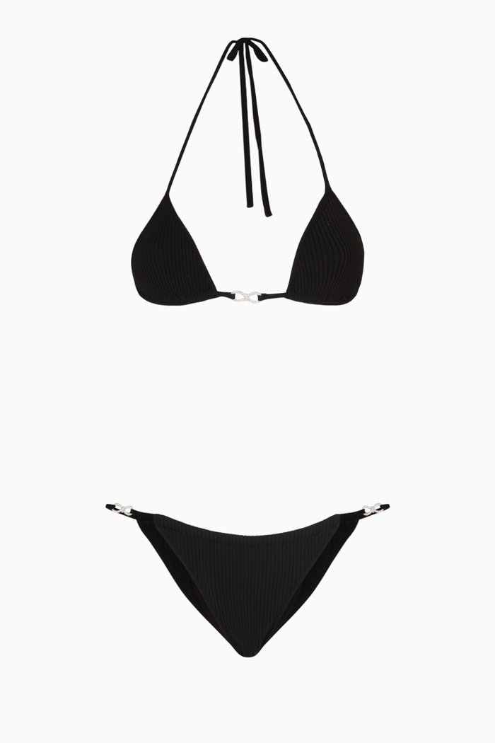 

Crystal-embellished Halter Bikini Set in Stretch Rib-knit, Black