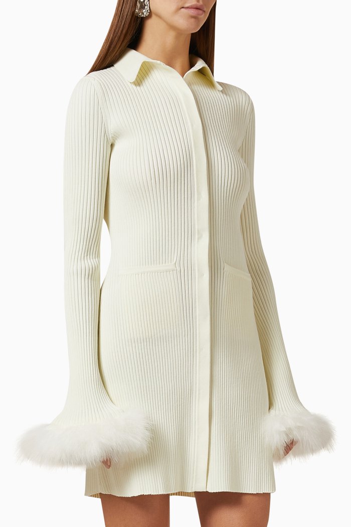 

Feather-trimmed Mini Dress in Stretch Rib-knit, Neutral