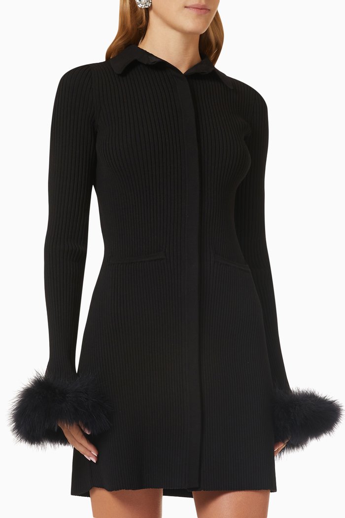 

Feather-trimmed Mini Dress in Viscose-blend Knit, Black