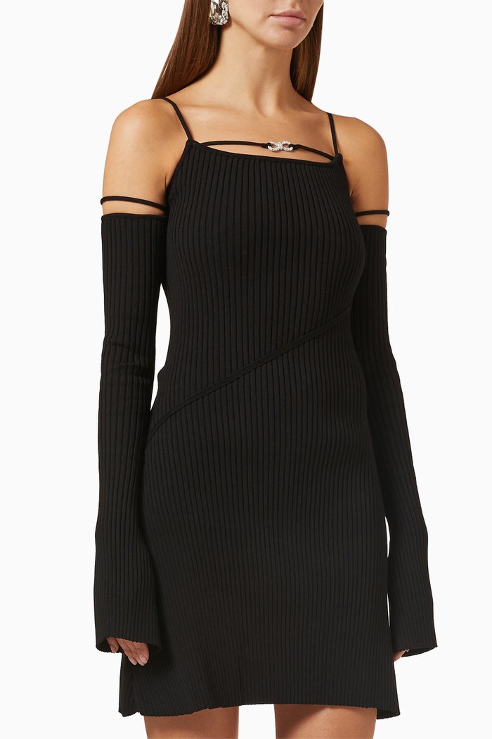 

Off-shoulder Mini Dress in Stretch Rib-knit, Black