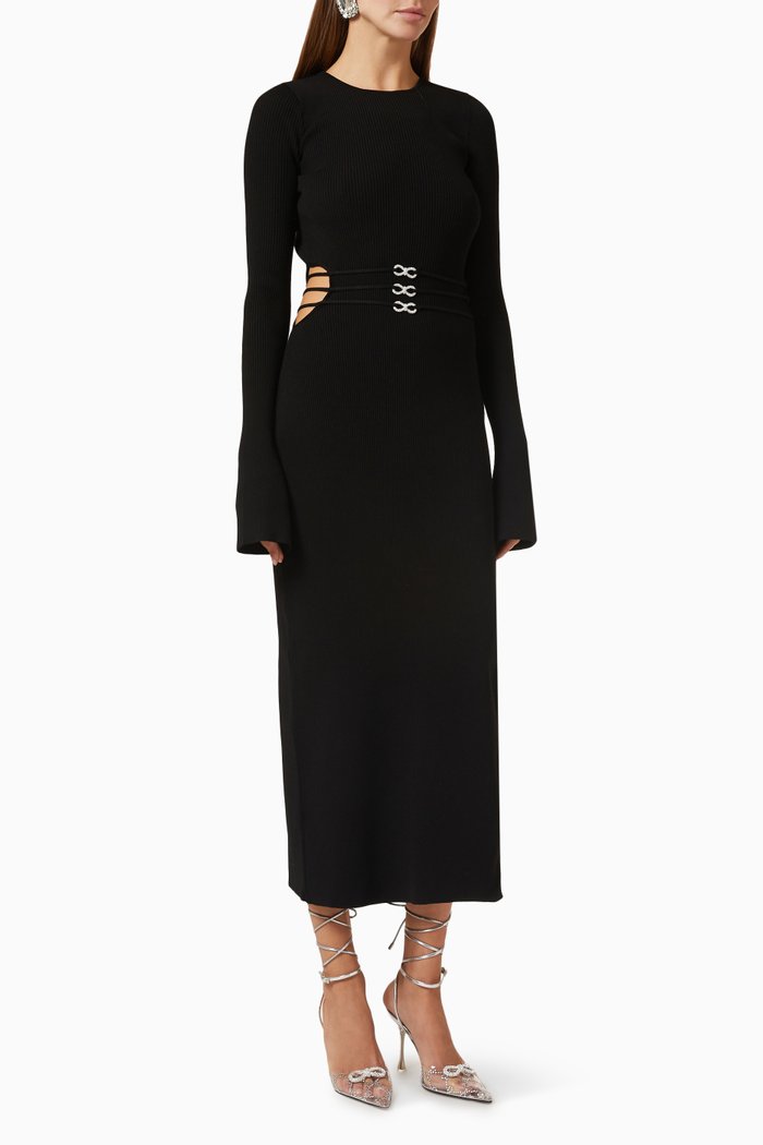 

Crystal Bow Midi Dress in Stretch Rib-knit, Black