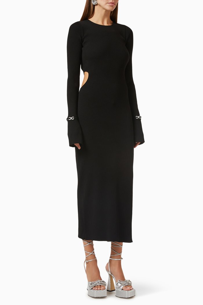 

Crystal Bow Midi Dress in Stretch Rib-knit, Black