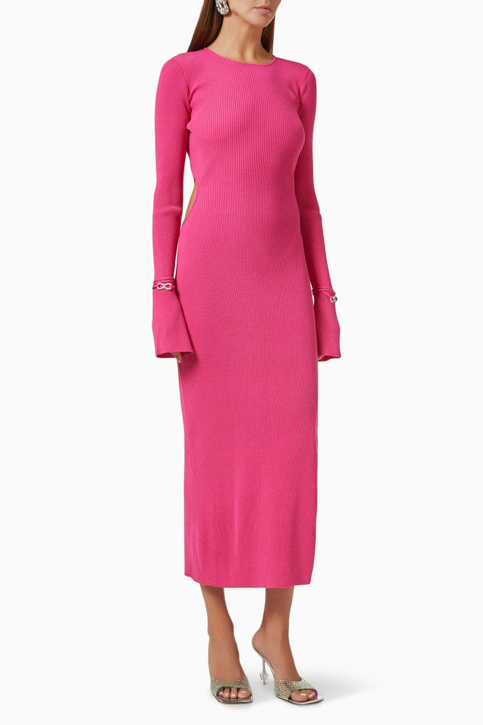 

Crystal Bow Midi Dress in Stretch Rib-knit, Pink