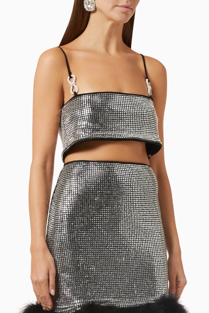 

Crystal-embellished Crop Top in Stretch-mesh, Silver