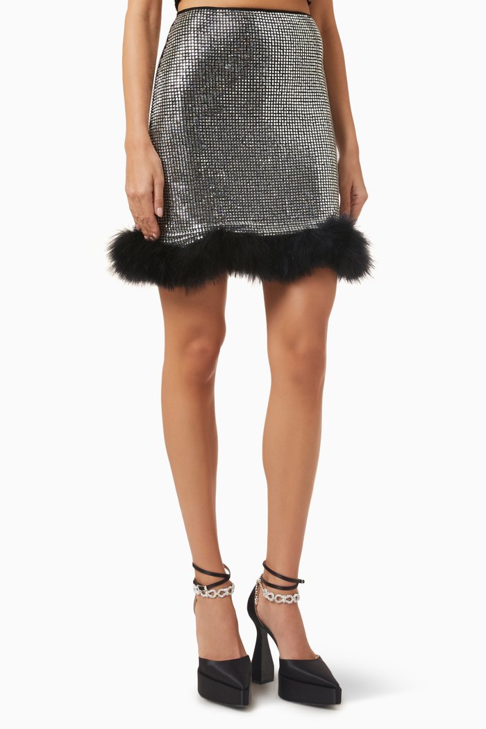 

Crystal-embellished Mini Skirt in Stretch-mesh, Silver