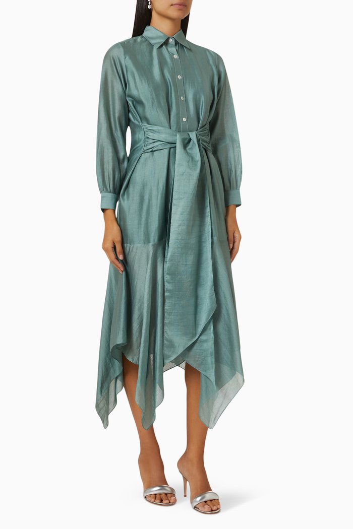 

Stella Layered Midi Dress in Handloom Chanderi, Green