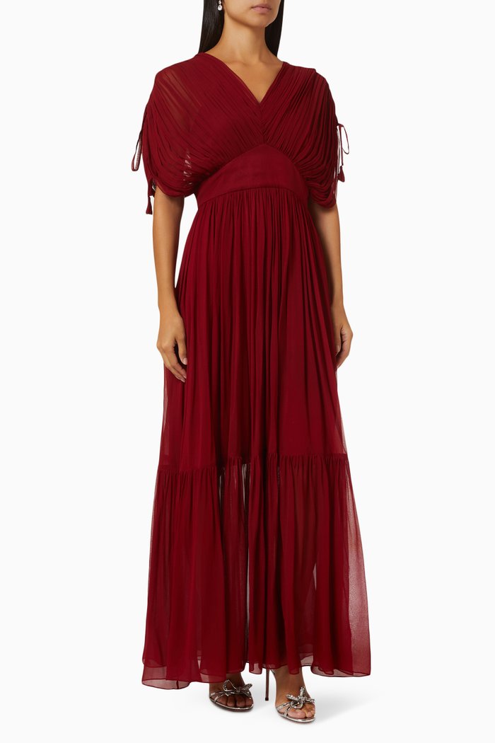 

Rose Pleated Maxi Dress in Georgette, Red