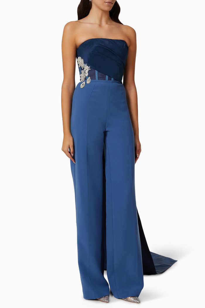 

Embellished Strapless Jumpsuit in Crepe, Blue