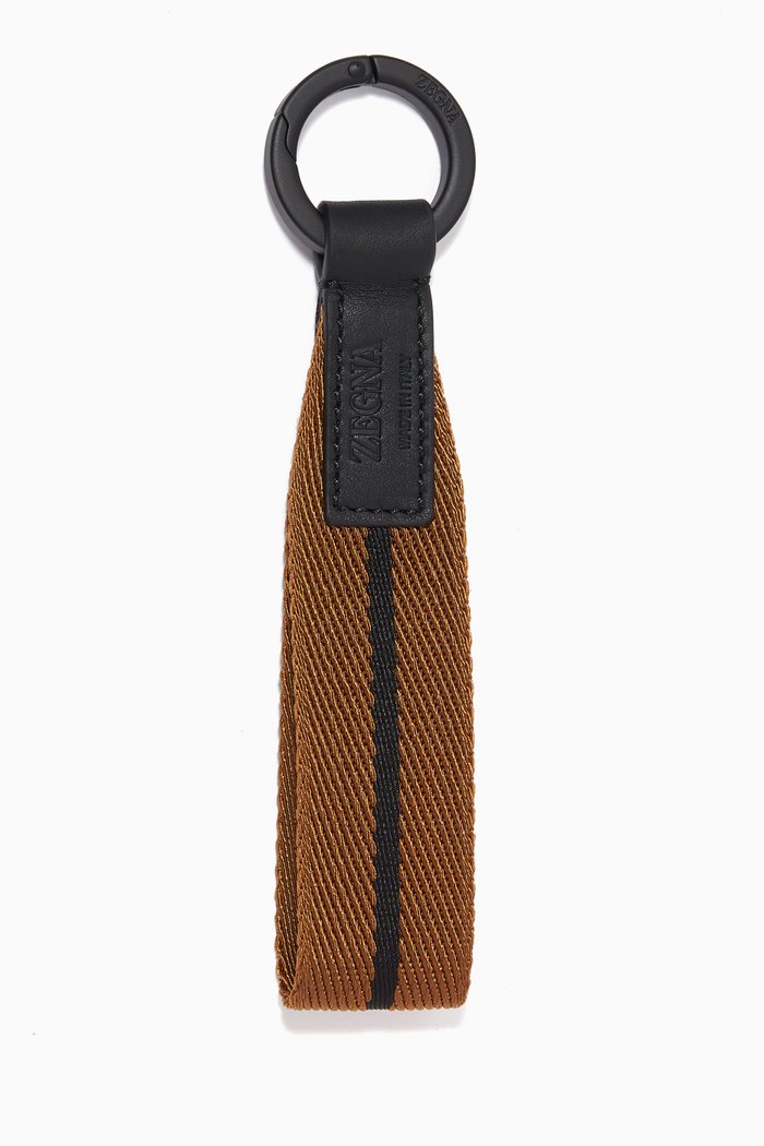 Embossed Logo Keyring in Webbing & Leather, Brown