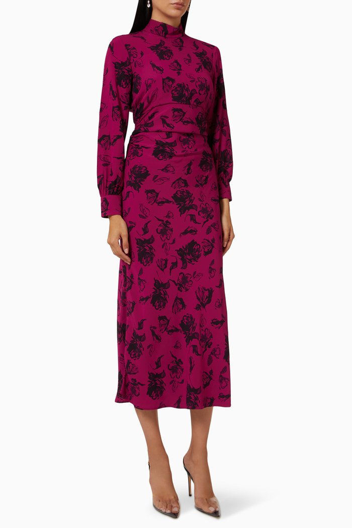 

Ruched Floral-print Midi Dress in Viscose, Pink