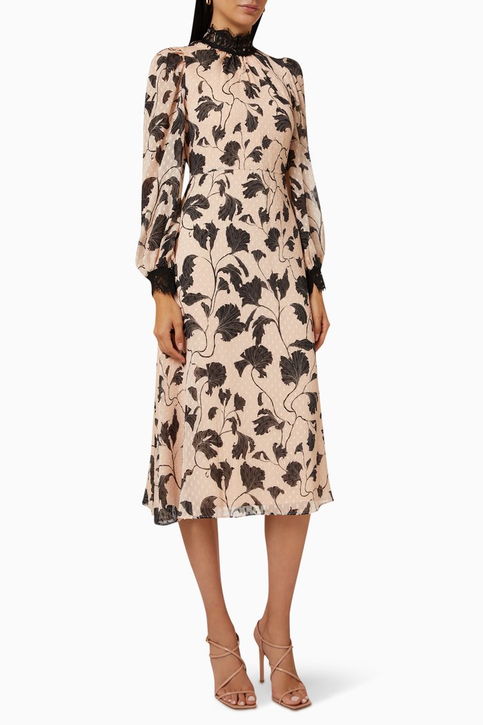 

Lace-trimmed Floral-print Midi Dress, Neutral