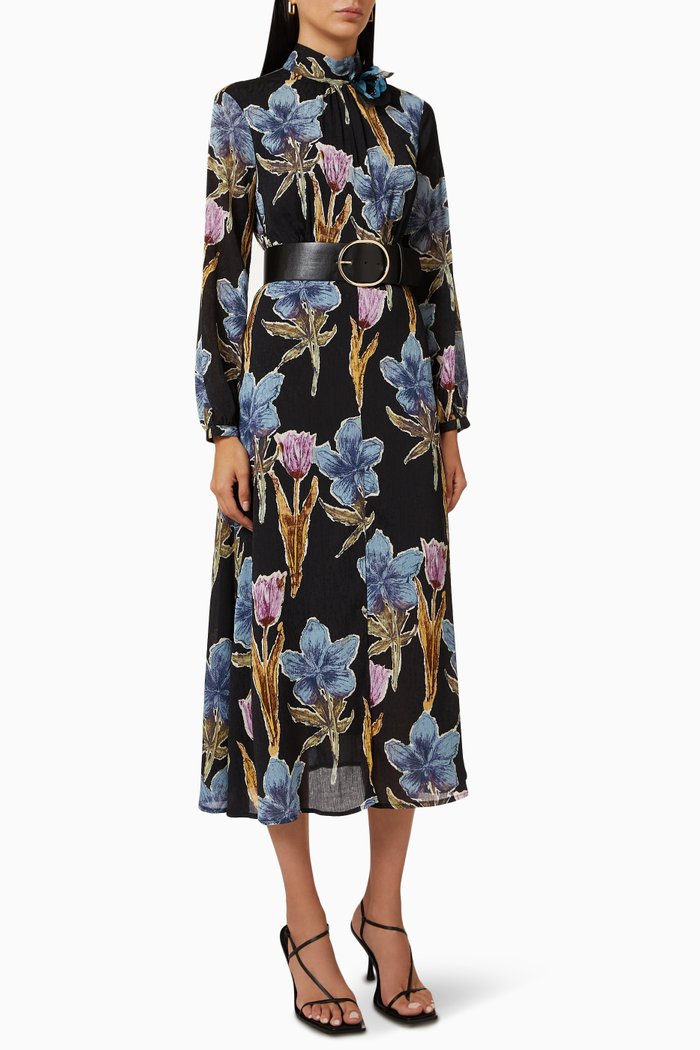 

Floral-print Belted Midi Dress in Georgette, Multicolour