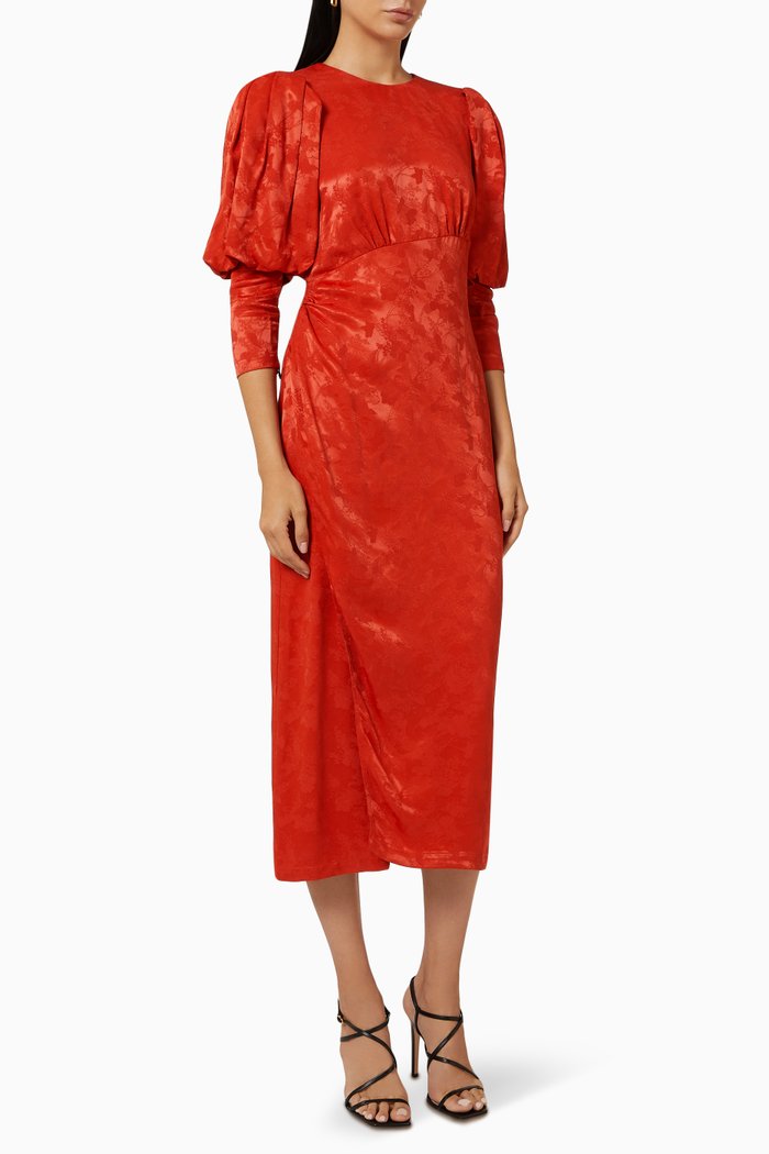 Puff-sleeve Midi Dress in Satin-jacquard, Red