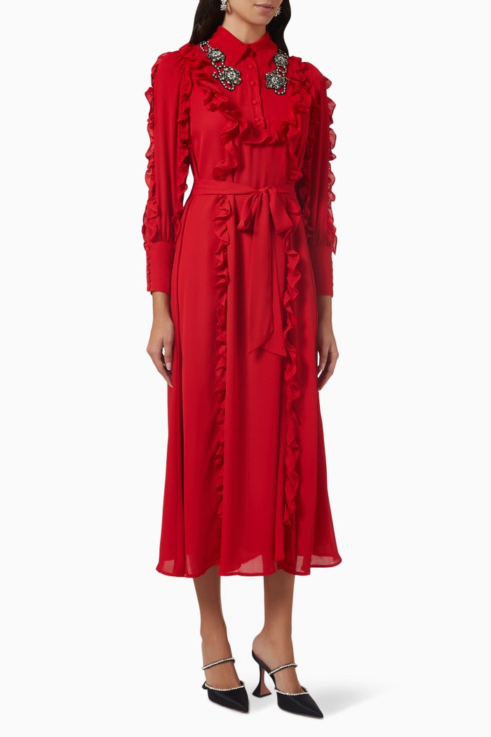 

Ruffled Crystal-embellished Maxi Dress in Fluid Crepe, Red