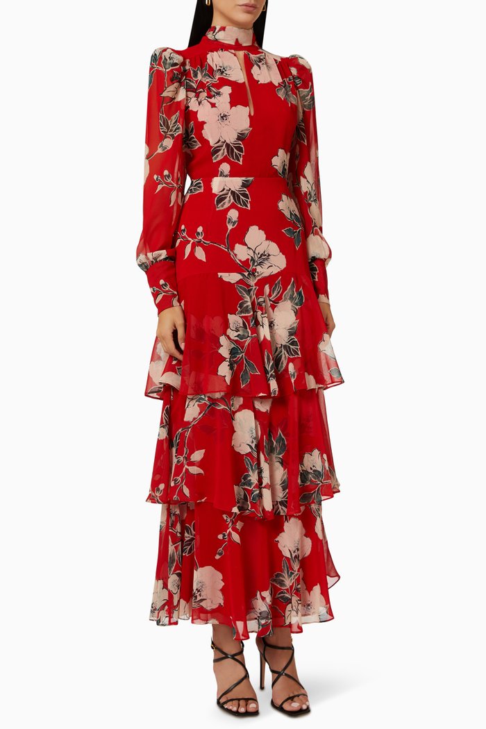 

Floral-print Tiered Maxi Dress in Recycled Chiffon, Red