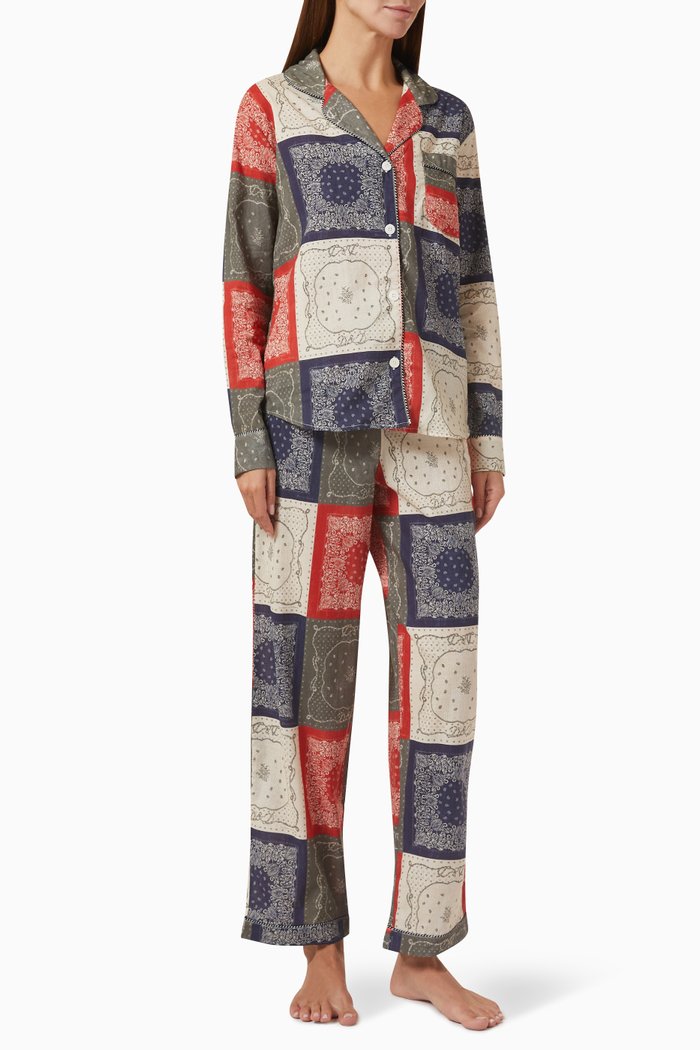 

Long Sleeve Shirt & Wide Leg Bandana Print Pyjama Set in Organic Cotton, Multicolour