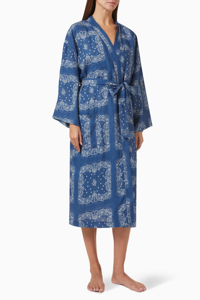 Bandana Print Robe in Linen, Blue