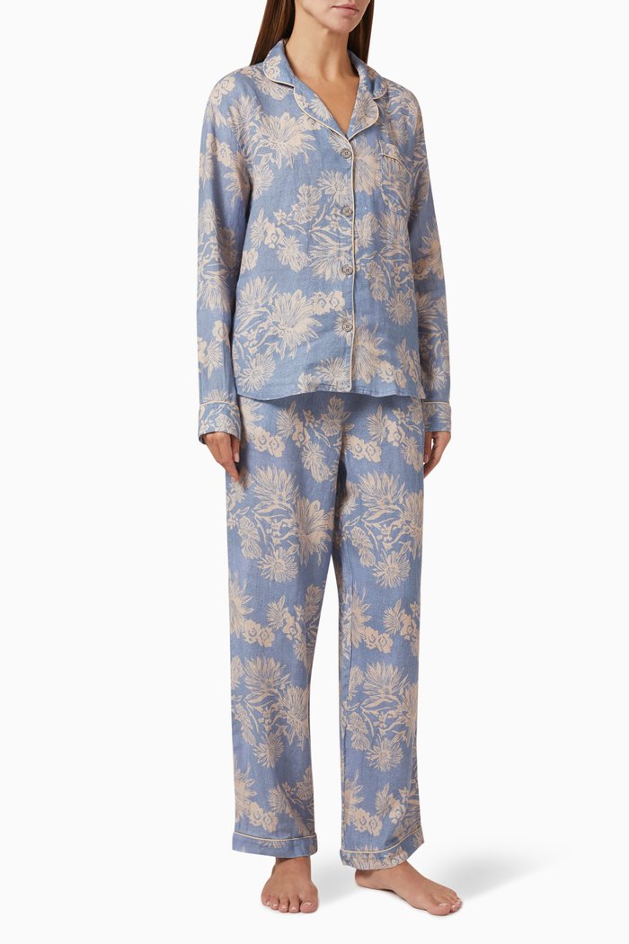 

Long Sleeve Shirt & Wide Leg Cactus Flower Print Pyjama Set in Organic Cotton, Blue