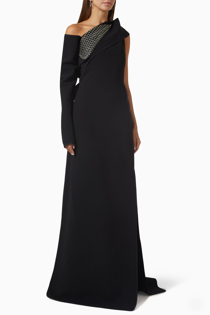 Archer Embellished One-shoulder Gown, Black