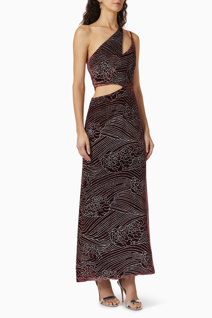 

Heart Drops Maxi Dress in Glitter Velvet, Burgundy