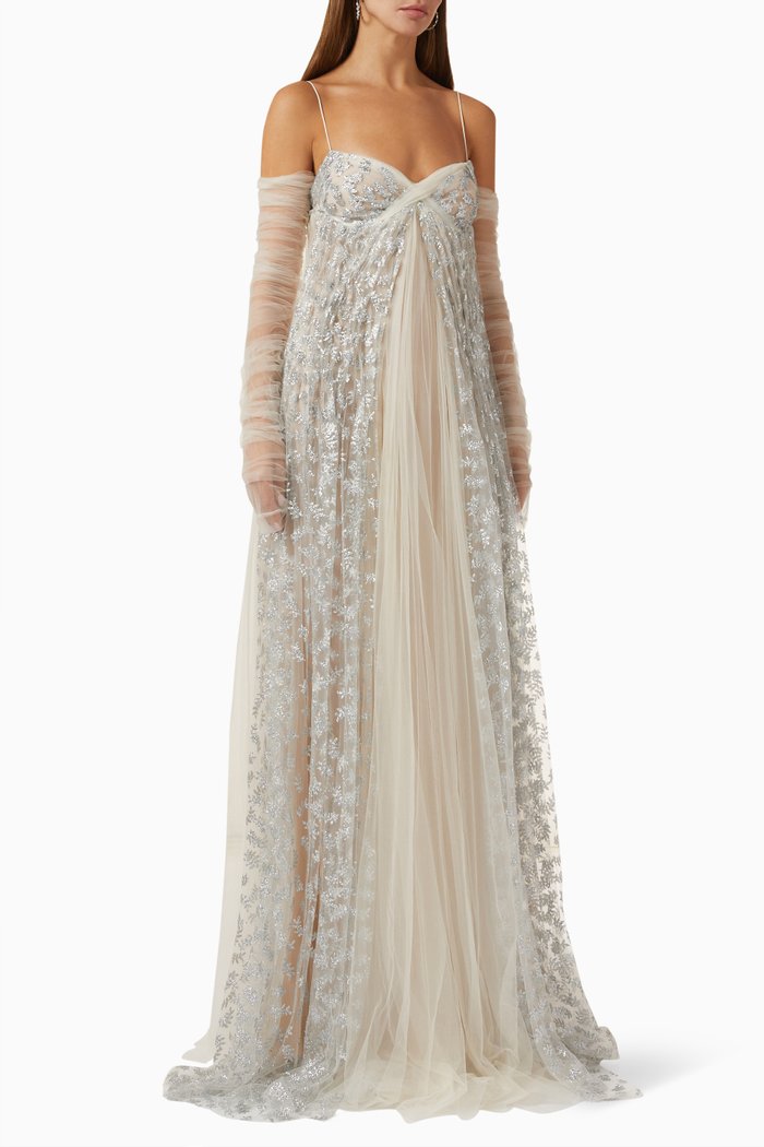 

Sunbeam Draped Maxi Dress in Tulle, White
