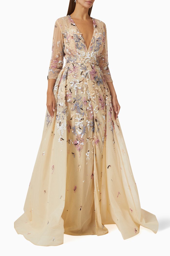 

Floral Beaded Gown in Tulle, Neutral
